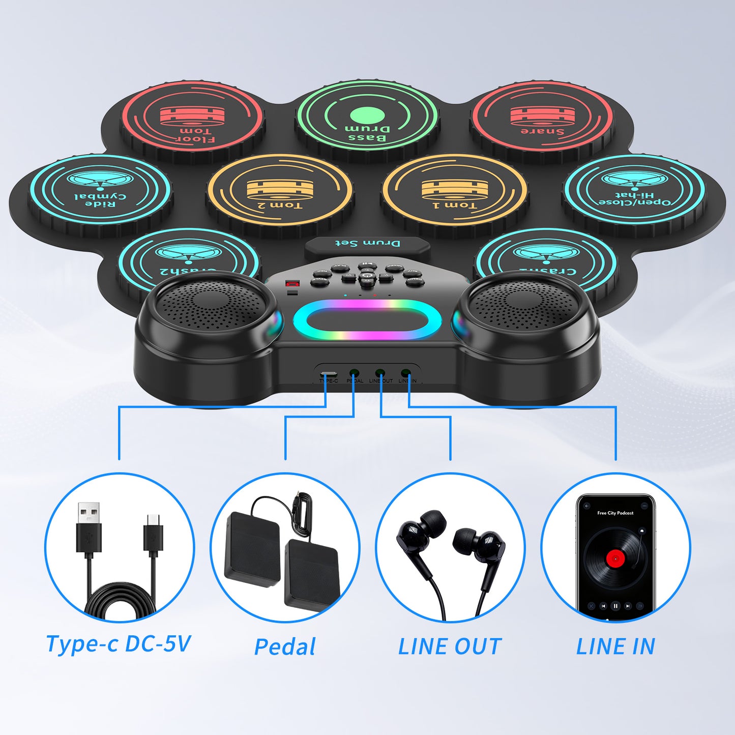 Ficcug Electronic Drum Set for Kids Adults,9 Pads Portable MIDI Roll-up Drum Kit with Dual Speakers / Headset Jack / Drumsticks / Foot Pedals,for Beginners