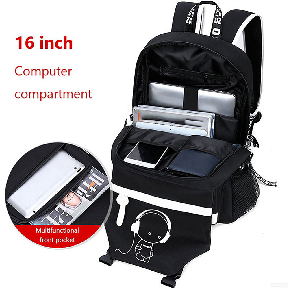 Ficcug Luminous School Bags Backpacks,16" Laptop Backpack,Shoulder Student Travel Bookbags for Boys Girls Women Men Teens,Black