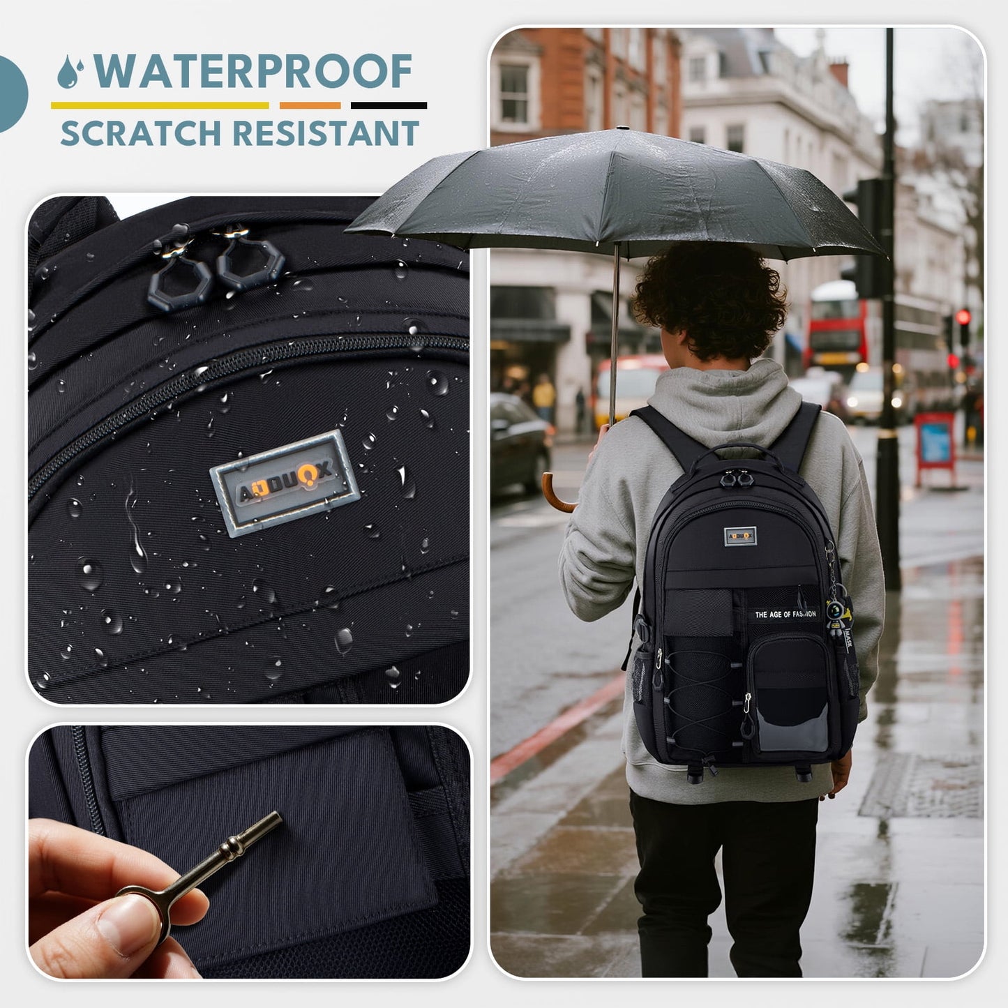 Ficcug School Backpack for 15.6" Laptop,Fashion Waterproof School Bag for Boys Girls Women Men Teens,Middle / High / College Bookbags,Black