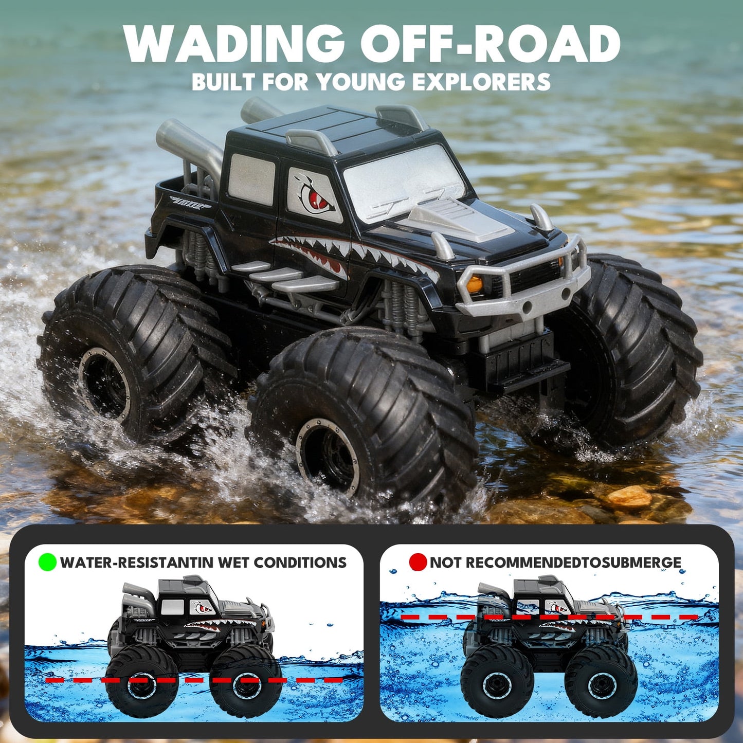 Ficcug Remote Control Cars,2 in 1 Land Water Monster Truck Toy,1:16 4WD off Road RC Cars for All Terrain,Gifts for Kids Boys Girls,Black