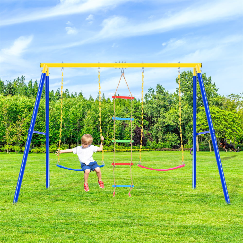Ficcug 3 in 1 Metal Swing Sets for Kids with Climbing Ladder,Heavy Duty Swing Stand for Outside Backyard Playground