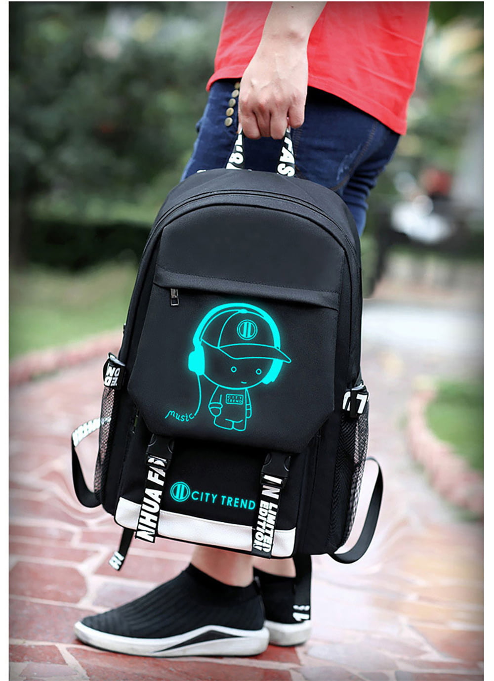 Ficcug Luminous School Bags Backpacks,16" Laptop Backpack,Shoulder Student Travel Bookbags for Boys Girls Women Men Teens,Black