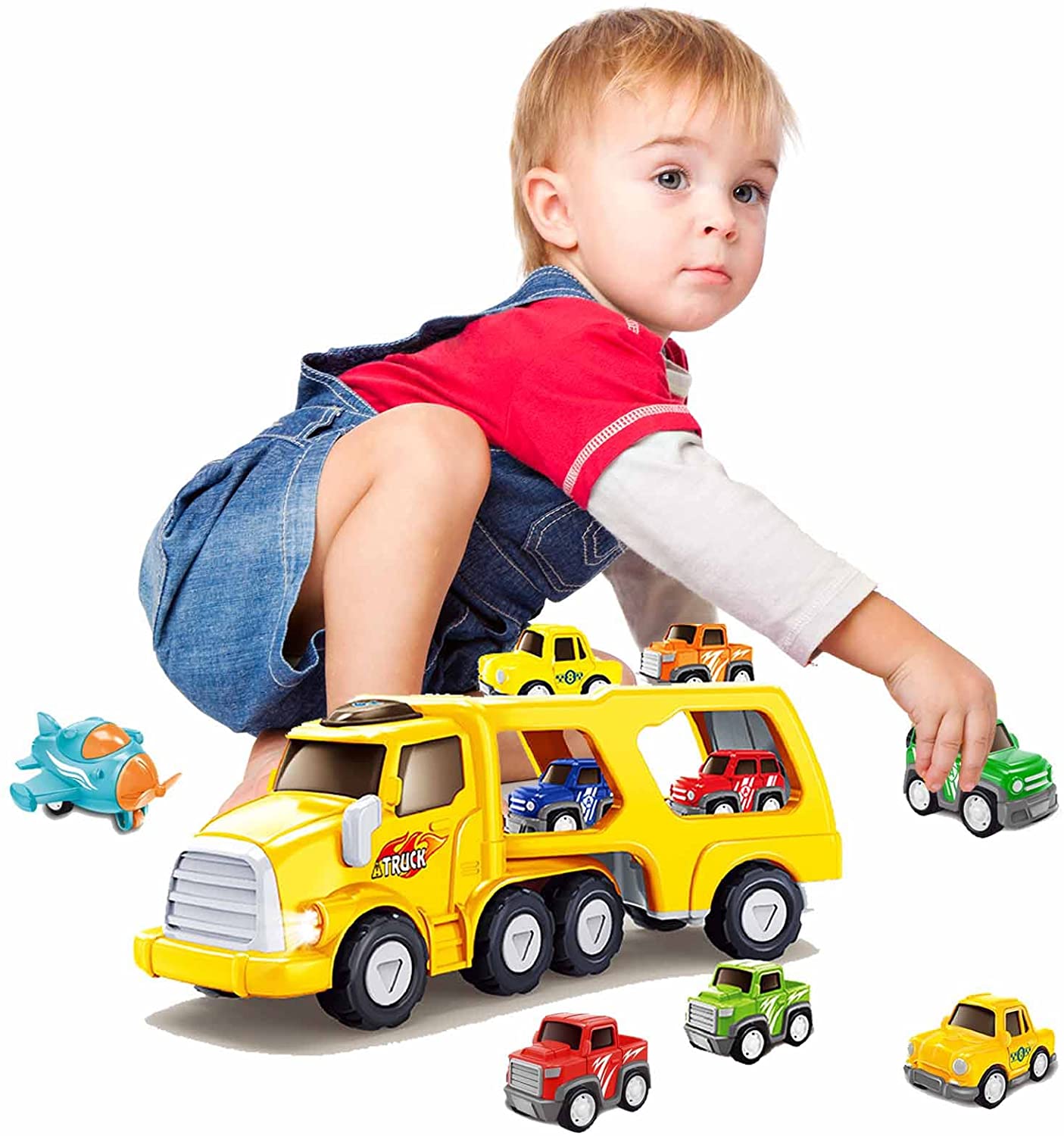 Ficcug 5 in 1 Pull Back Cars for 3-6 Year Old Toddlers,Friction Powered Toy Vehicle in Carrier Truck with Lights Music,Car Toys Set for Aged 1 2 3 4 5 6 7 Kids Boys Girls