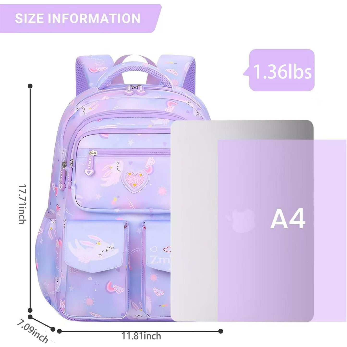 Ficcug School Backpack Girls School Bag,25L Wear-Resistant Lightweight Kids Backpacks Fashion Waterproof Bookbag,Purple