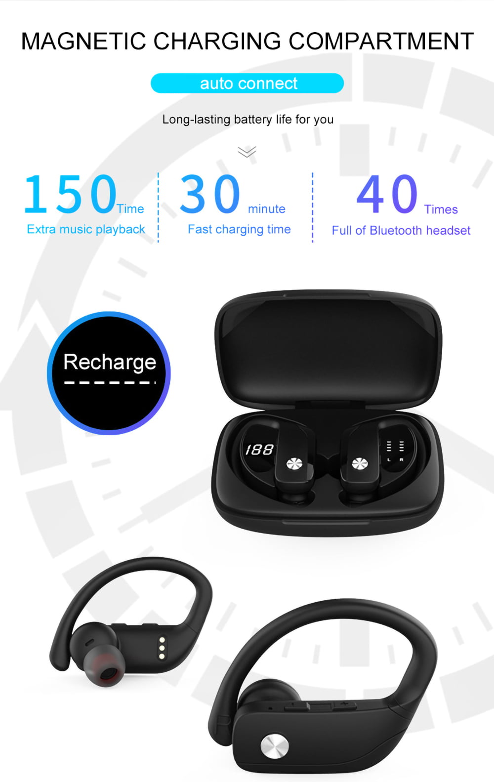 Ficcug Wireless Earbuds TWS Bluetooth 5.0 Headphones 48H Play Back Earphones in Ear Waterproof with Microphone LED Display for Sports Running Workout Black