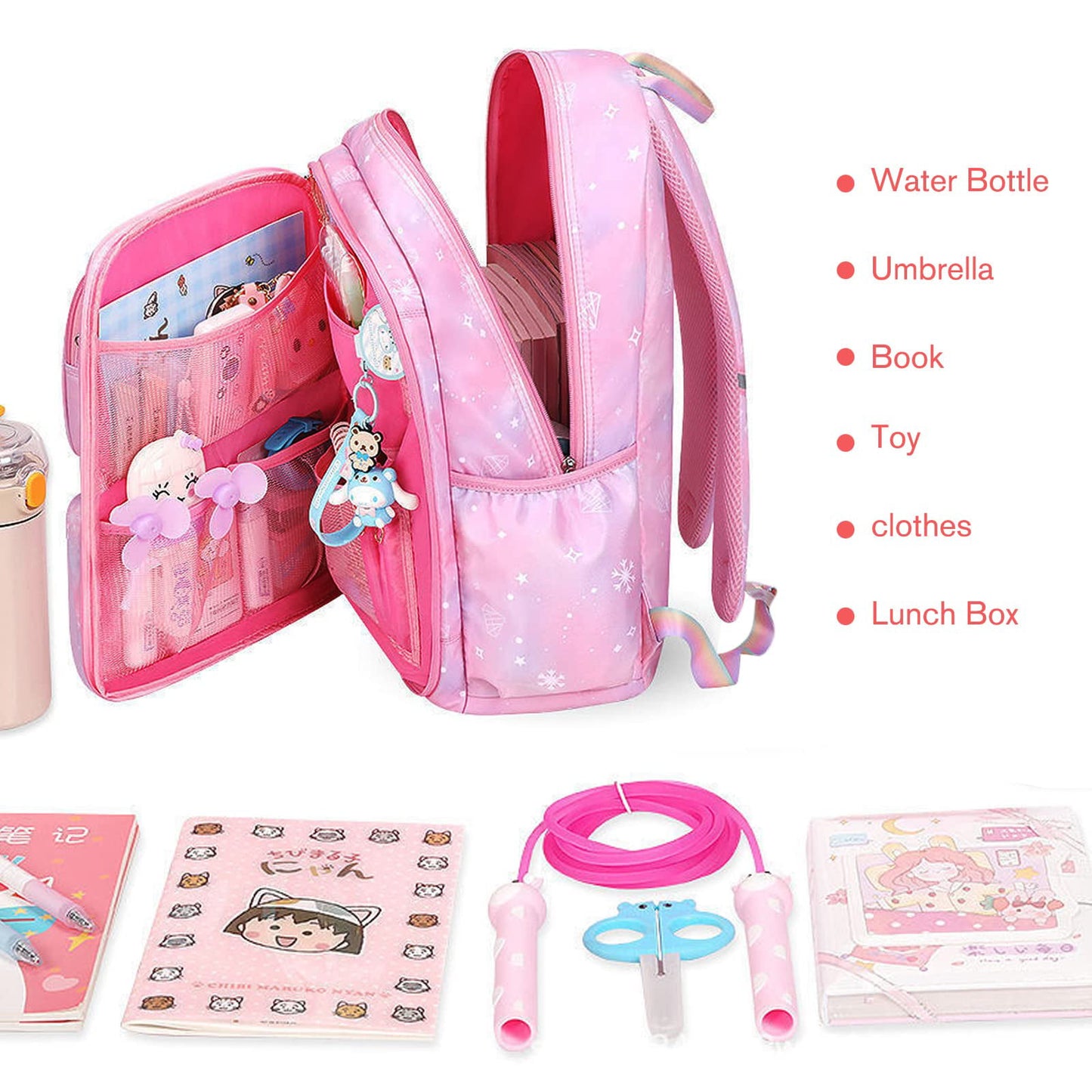 Ficcug Girls Backpack Elementary School Backpacks Cute Preschool Middle School Bag Kids Bookbag,Pink