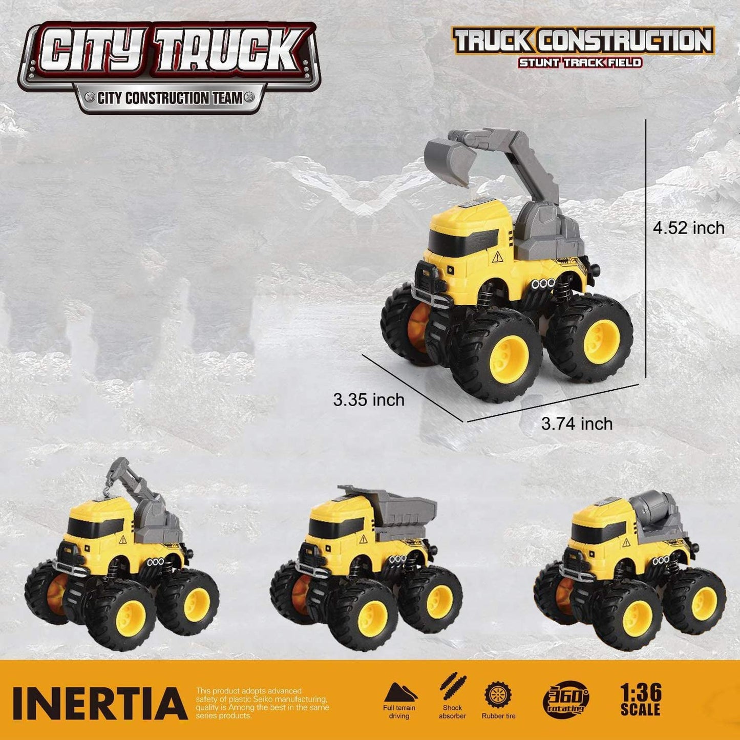 Ficcug 4 Pcs Pull Back Cars Construction Excavator Toy Truck Friction Powered Push/Go Toy Cars for 3+ Year Old Toddlers Kids Boys Girls