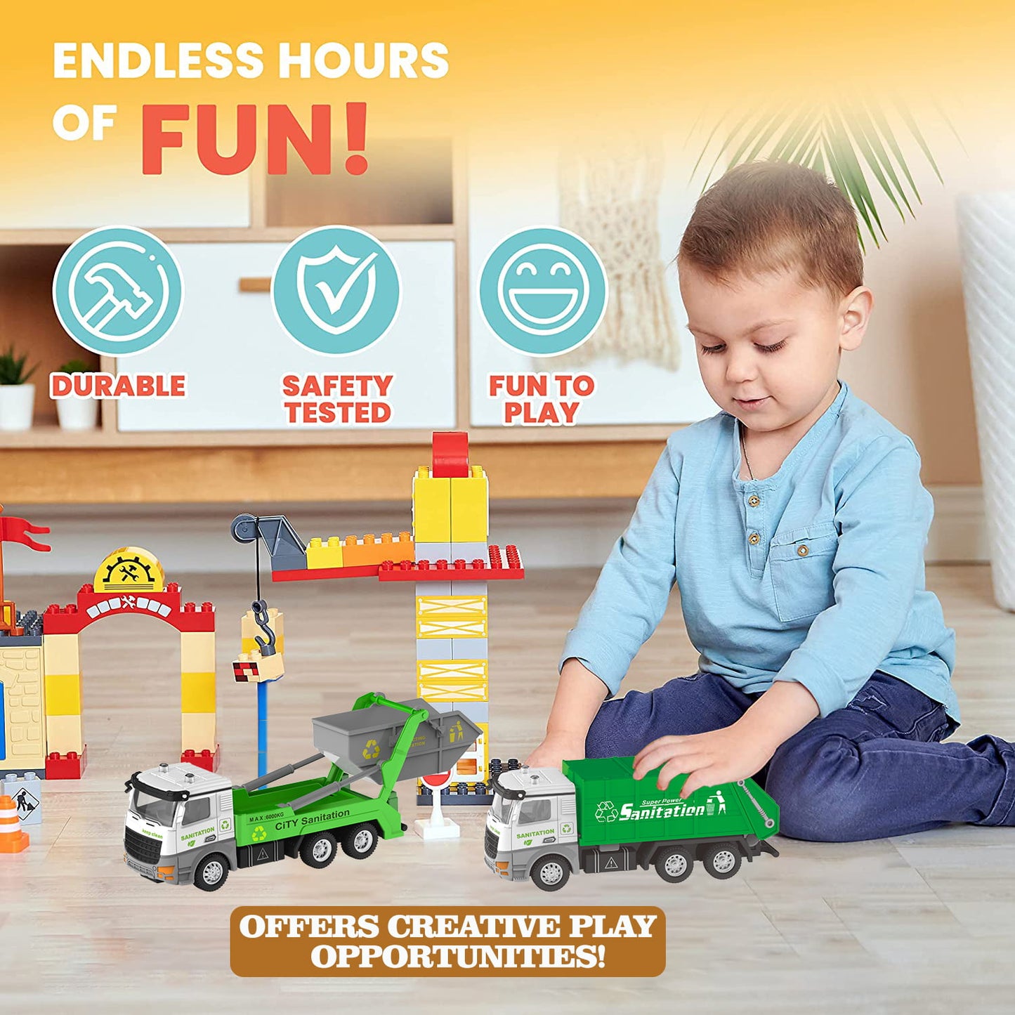 Ficcug 2 Pack Pull Back Garbage Truck Trash Truck & Dump Truck,Friction Powered Toys Cars for Boys Girls Toddlers