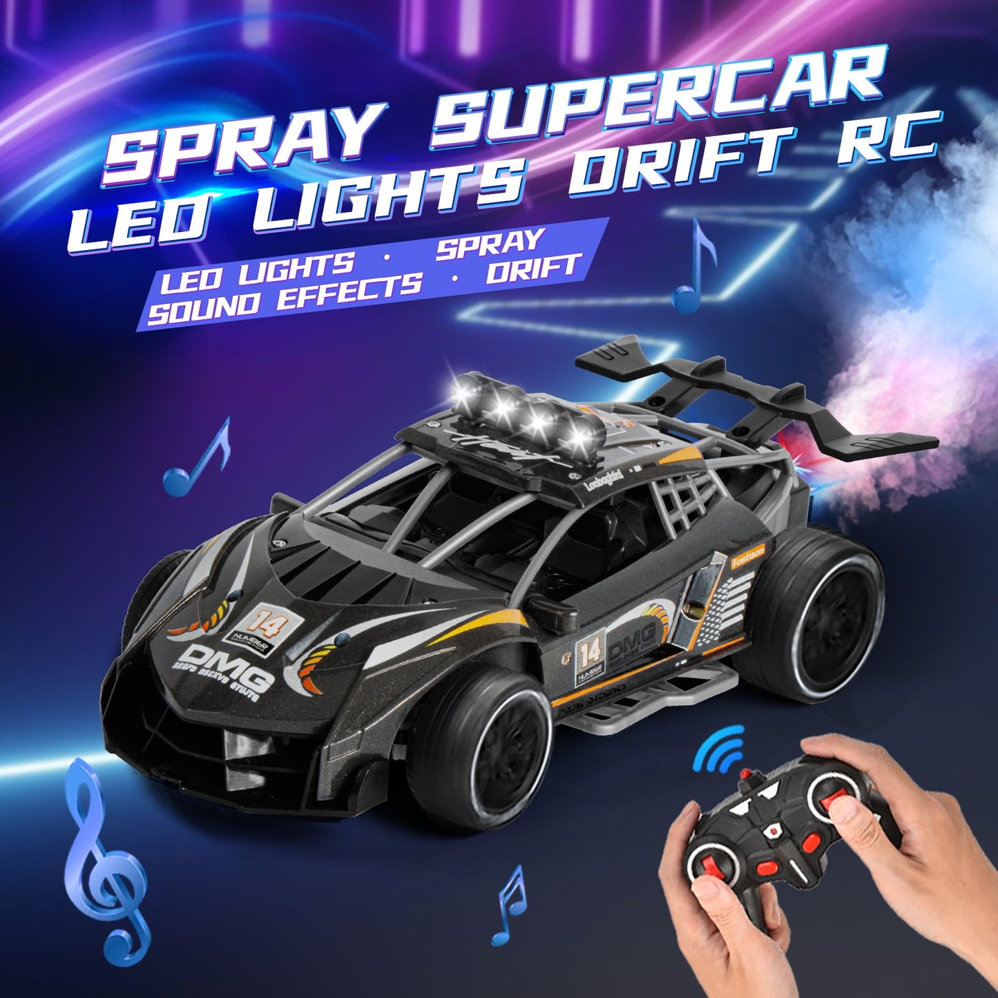 Ficcug Remote Control Cars Toys,1:14 High Speed RC Car with Spray Lights & Music,RC Truck for Boys Girls Kids