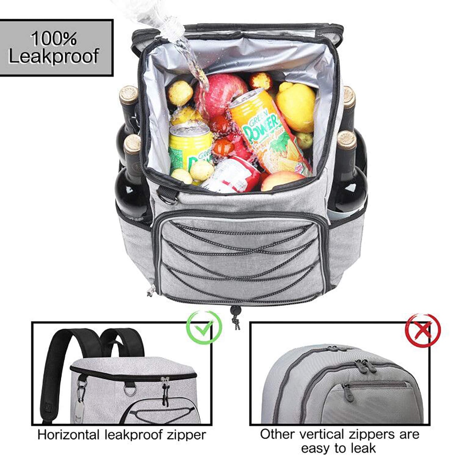 Ficcug Insulated Cooler Backpack 25-30 Cans/L,Waterproof Leakproof Soft Cooler Bag for Travel Camping Hiking Beach Lunch Picnic,Gray