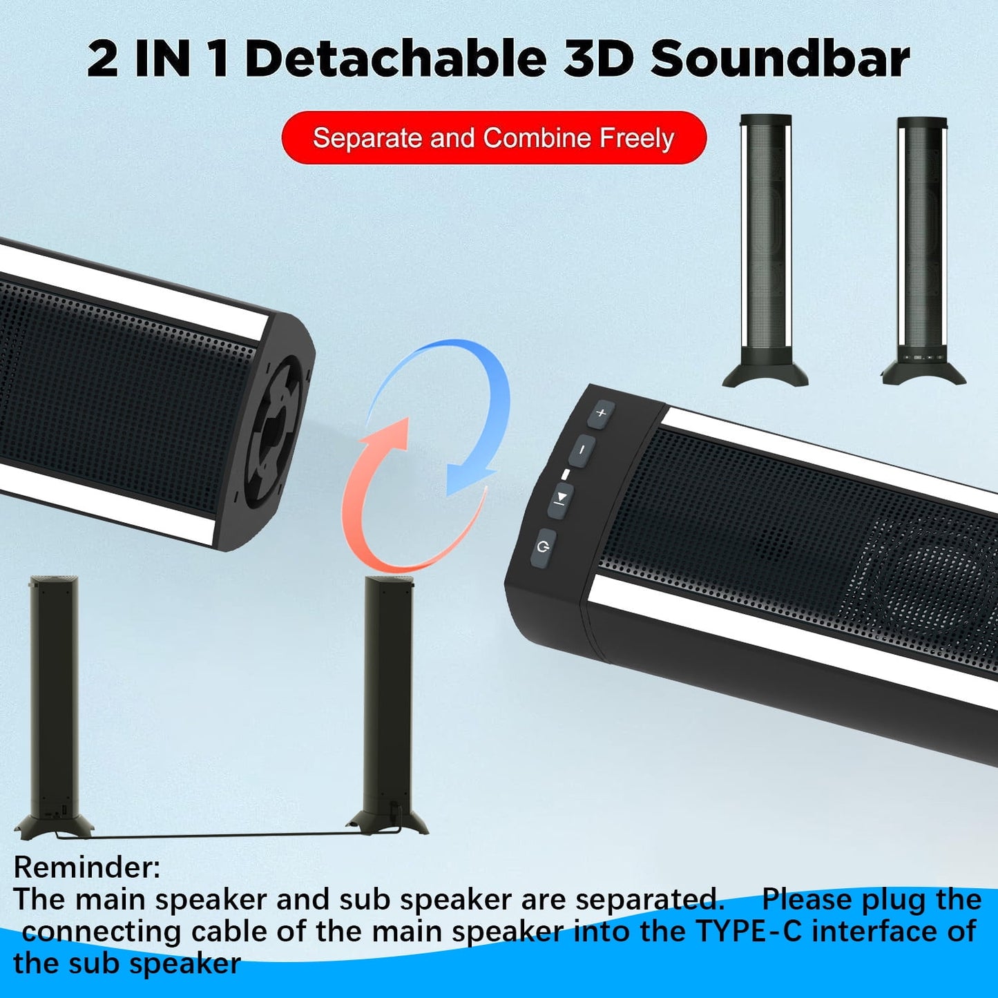 Ficcug 2.1 25in Sound Bars for TV Home Theater with 6 Built-in Subwoofers,3D Stereo Surround Bluetooth Speaker System,20W Foldable Split Wireless Soundbar, Black