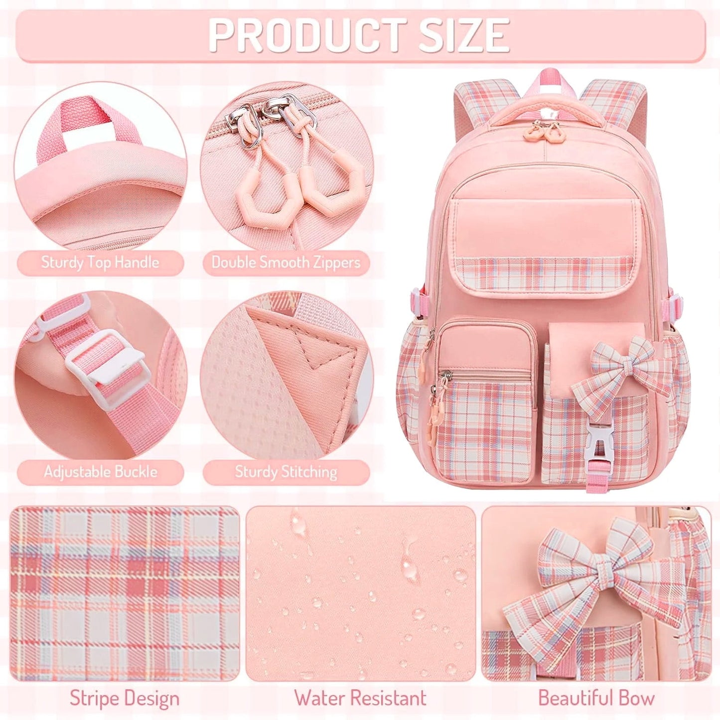 Ficcug Girls School Backpacks,Fashion School Bag for Kids Teens,30L Waterproof Students Bookbags for Elementary Middle,Pink