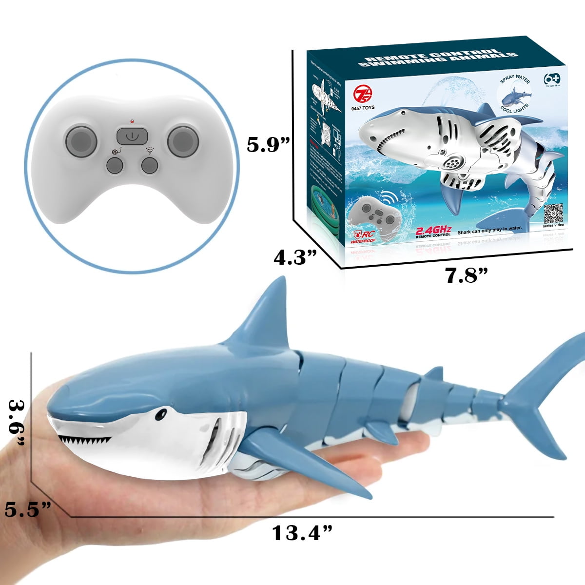Ficcug Remote Control Shark Toy with Light / Spray, 2.4Ghz RC Boat Water Toys for Swimming Pool Bathroom, Gift for Ages 6+ Boys Girls Kids,Blue