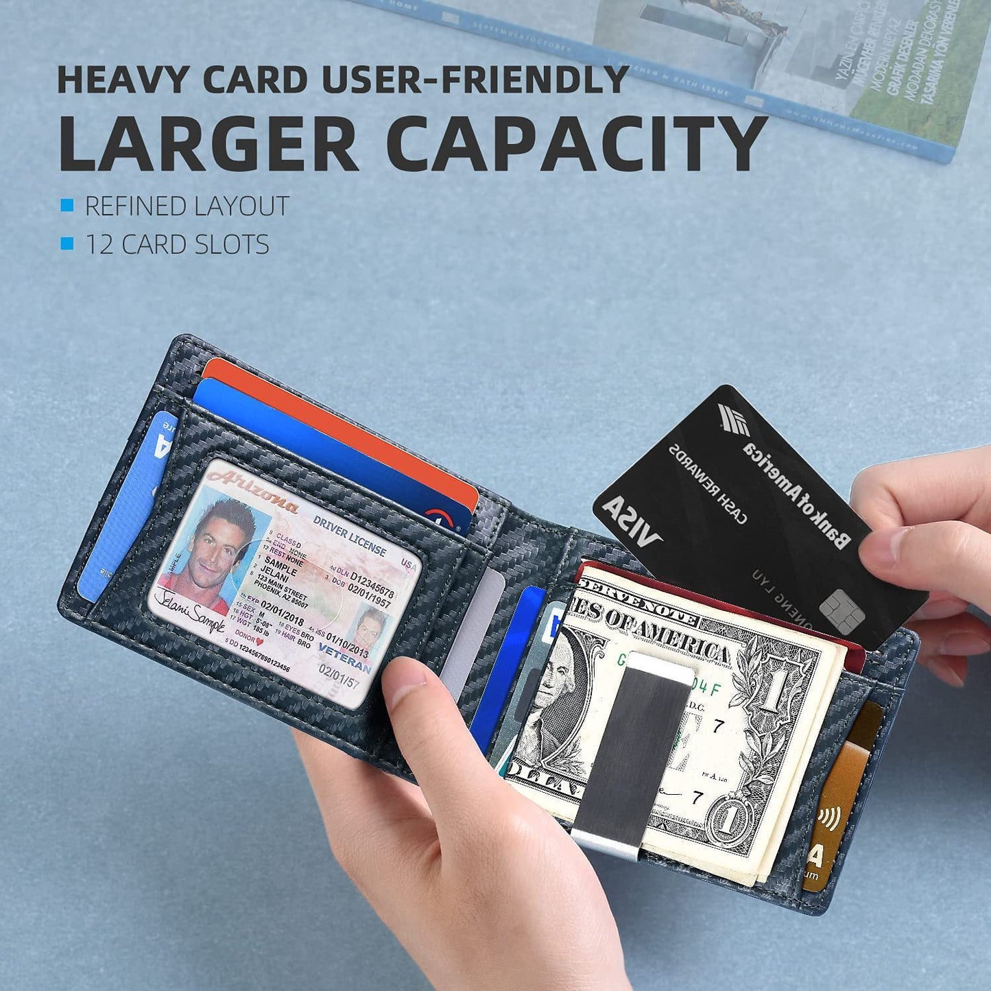 Burufy Wallet for Men Slim,Genuine Leather Mens Wallet,Bifold Minimalist Front Pocket Wallets RFID Blocking Credit Card with Money Clip & 12 Slots,Perfect Gifts